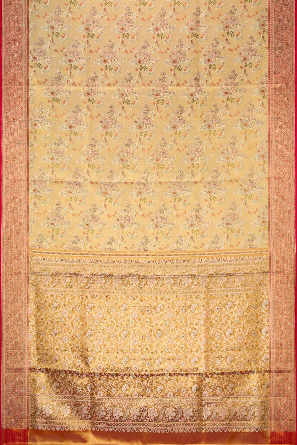 Flat view of Gold Dual Tone Kanchipuram Tissue Silk Saree with Zari Brocade on the body and Zari Border. 
