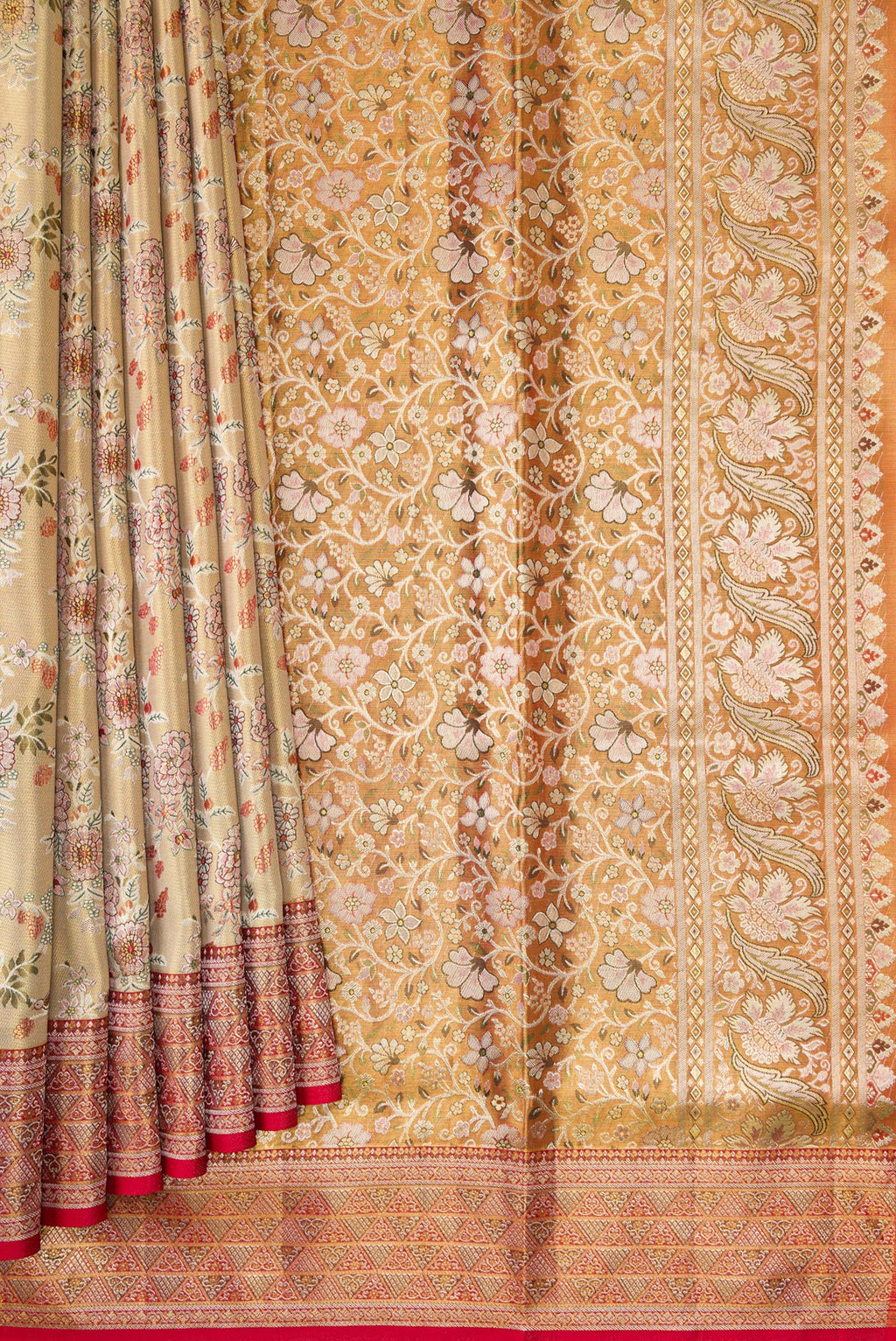 Pleats and pallu of Gold Dual Tone Kanchipuram Tissue Silk Saree with Zari Brocade on the body and Zari Border. 