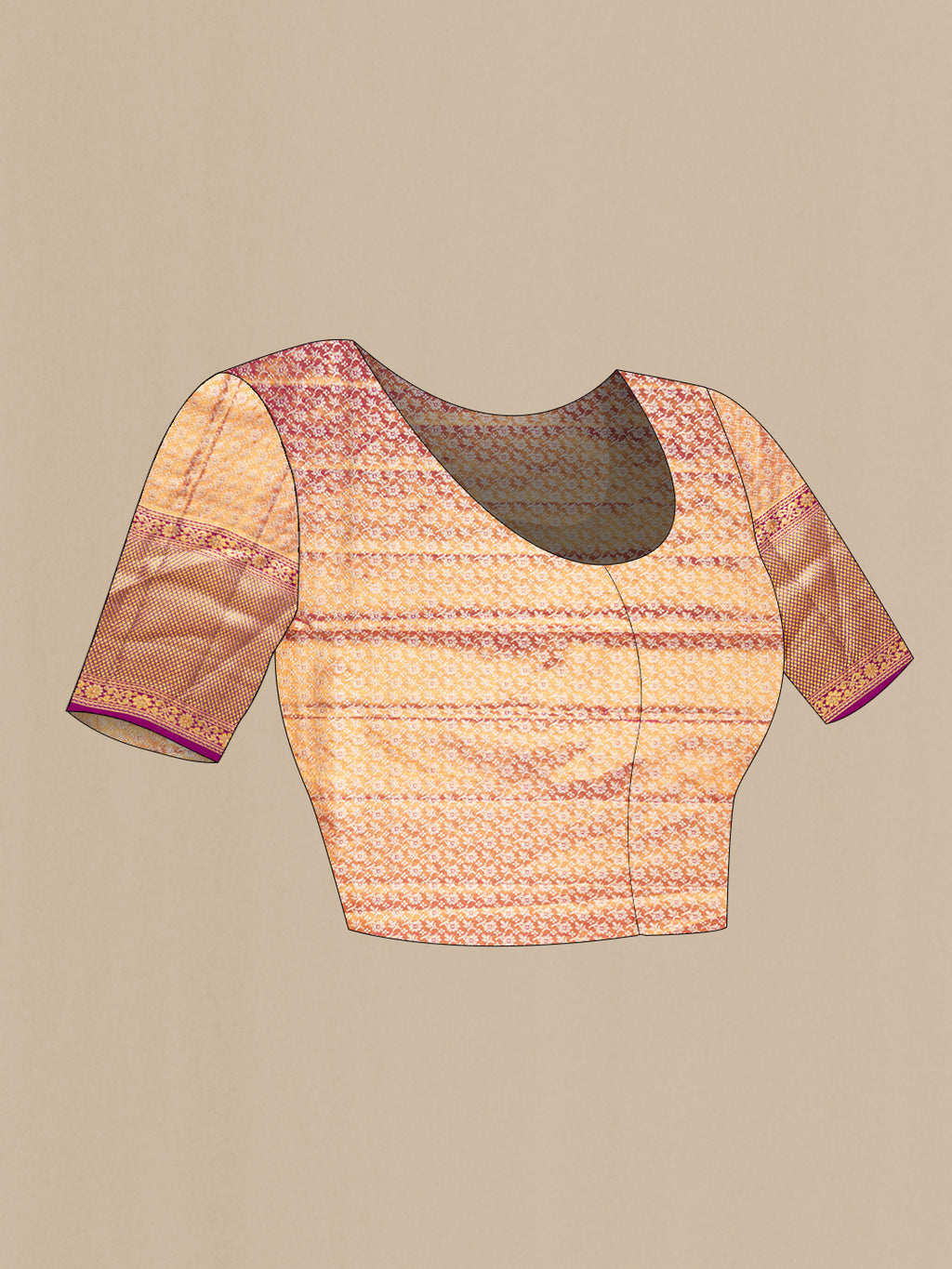 Close up image of the blouse of Golden Peach Dual Tone Kanchipuram Tissue Silk Saree with Zari Brocade on the body and Fancy Border. 