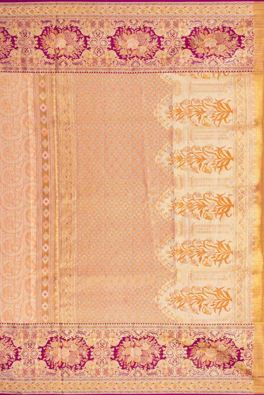 Close up image of the pallu of Golden Peach Dual Tone Kanchipuram Tissue Silk Saree with Zari Brocade on the body and Fancy Border. 