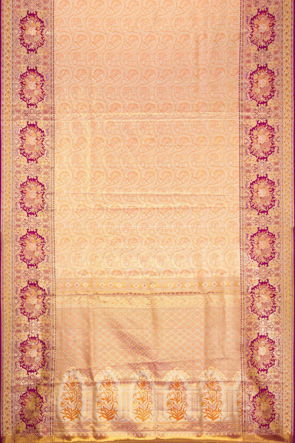 Flat view of Golden Peach Dual Tone Kanchipuram Tissue Silk Saree with Zari Brocade on the body and Fancy Border. 