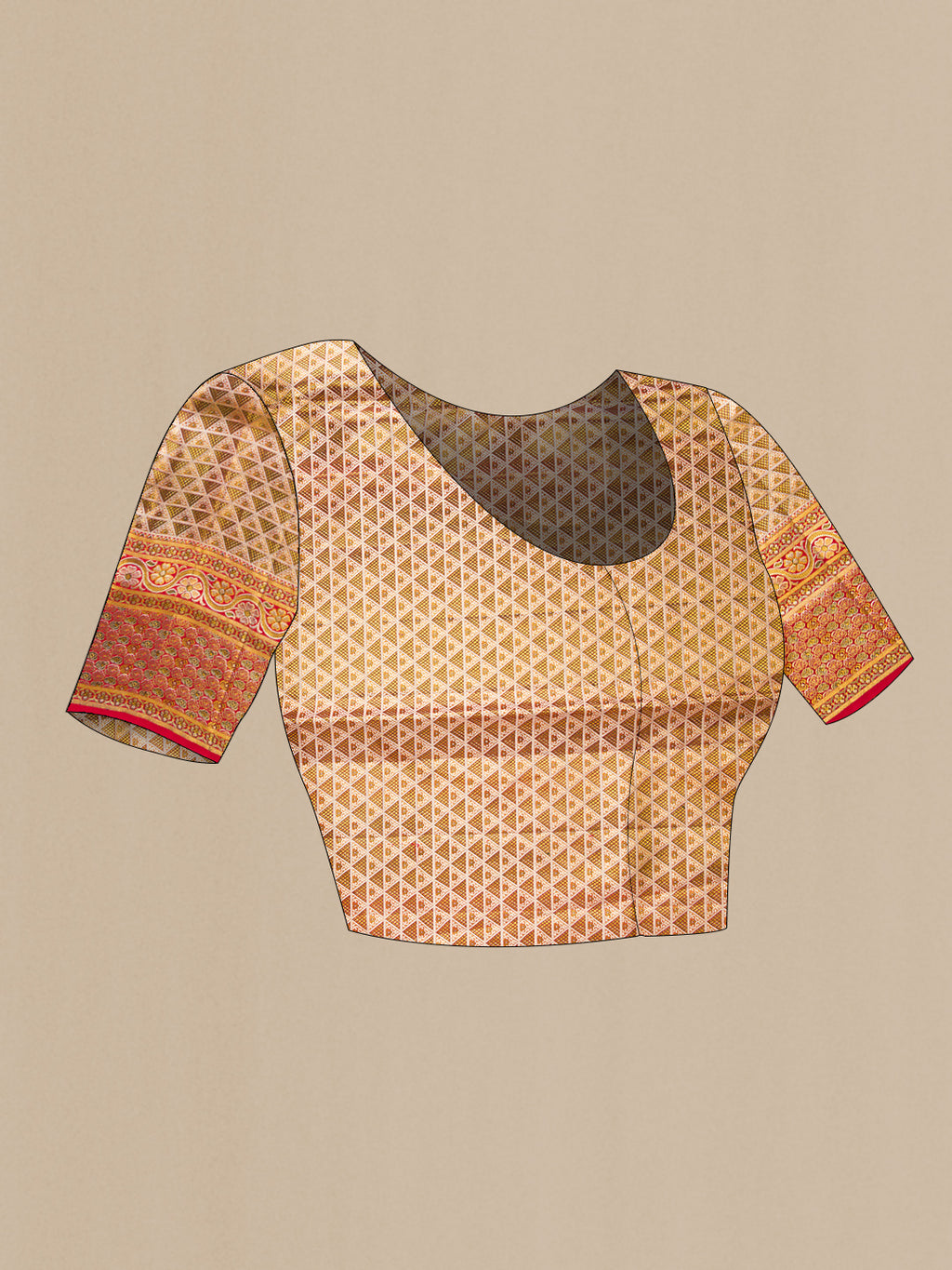 Close up image of the blouse of Gold Dual Tone Kanchipuram Tissue Silk Saree with Zari Brocade on the body and Fancy Border. 