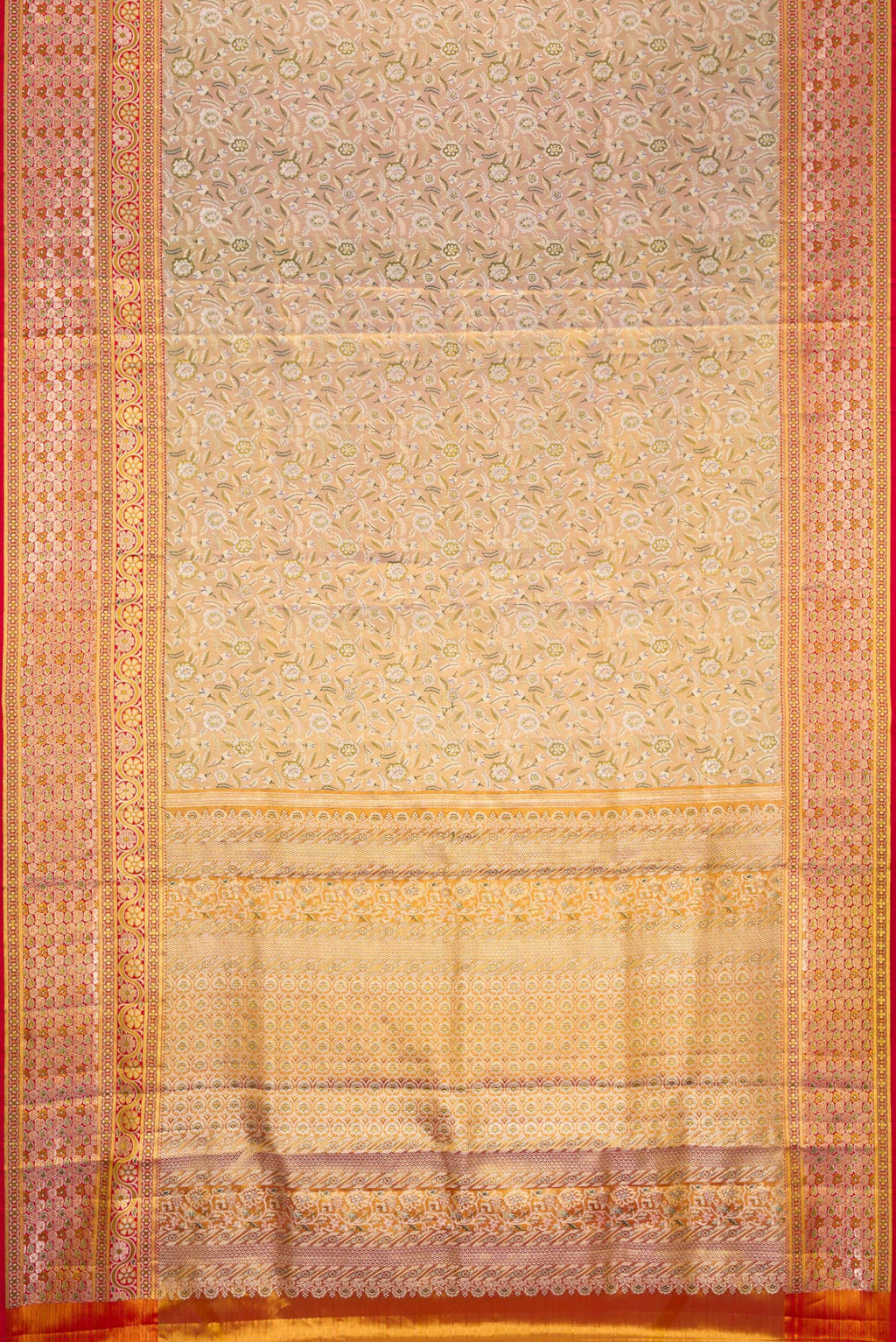 Flat view of Gold Dual Tone Kanchipuram Tissue Silk Saree with Zari Brocade on the body and Fancy Border. 
