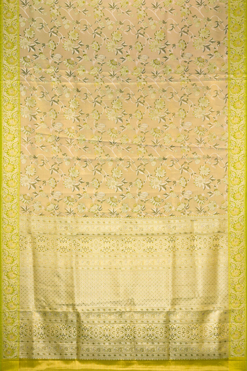 Flat view of Pista Green Dual Tone Kanchipuram Tissue Silk Saree with Zari Brocade on the body and Fancy Border. 