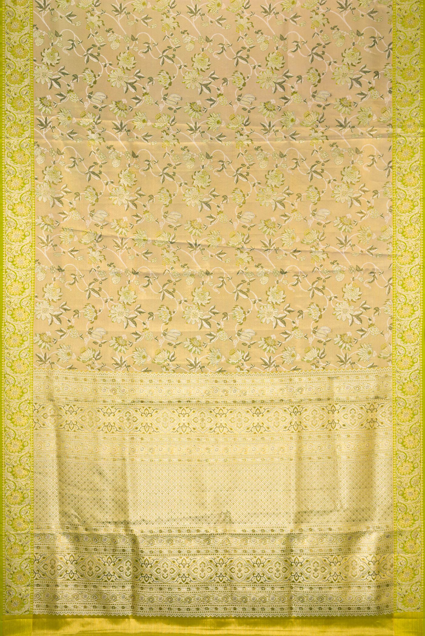 Flat view of Pista Green Dual Tone Kanchipuram Tissue Silk Saree with Zari Brocade on the body and Fancy Border. 