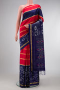 Red Dual Tone Soft Silk Saree with Stripes on the body and Ikat Border.  displayed on a mannequin