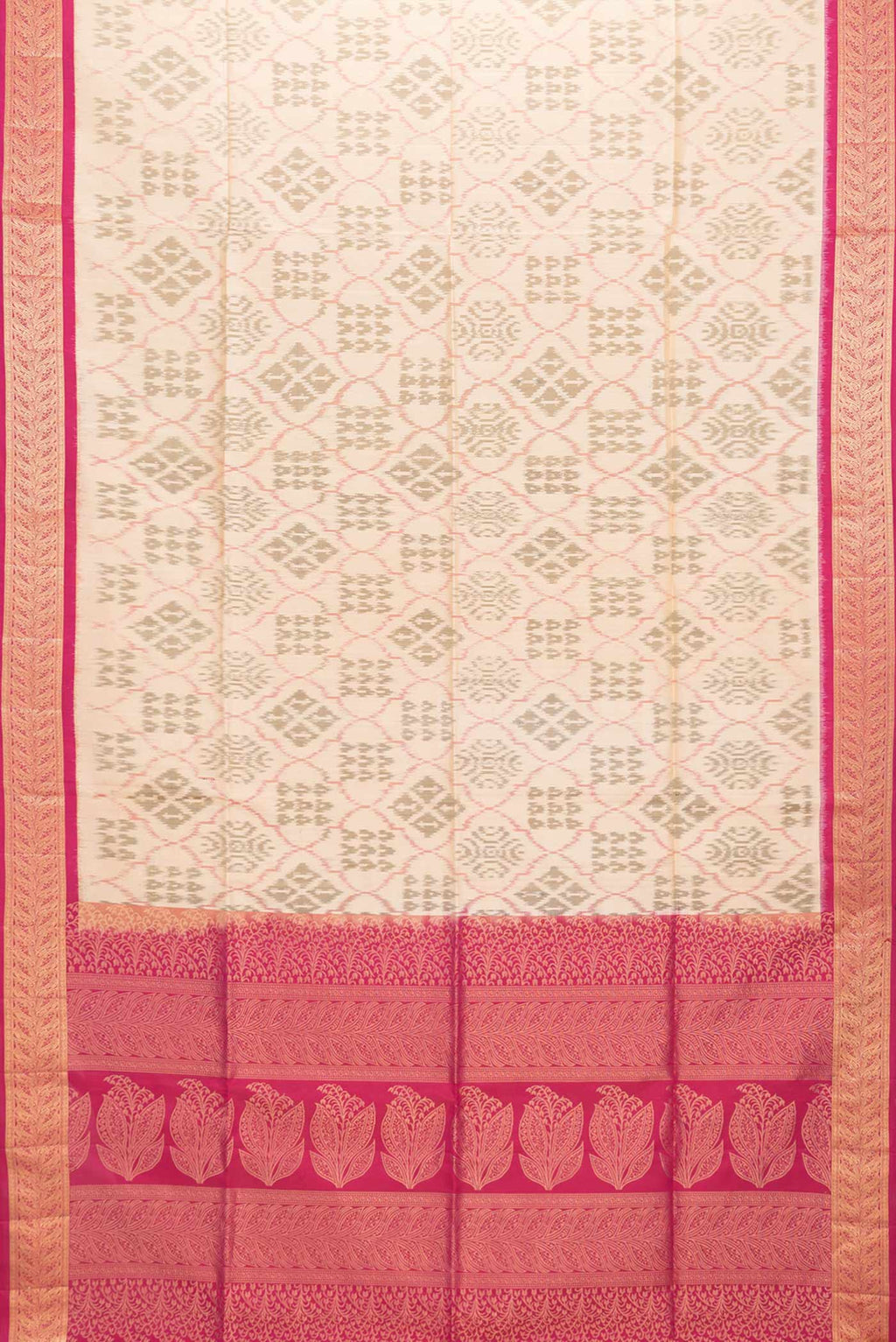 Flat view of Beige Dual Tone Soft Silk Saree with Ikat Print on the body and Zari Border. 