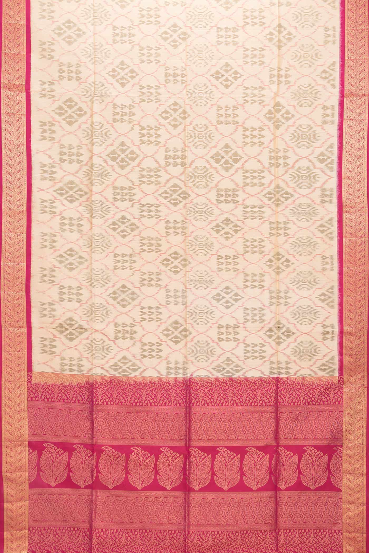 Flat view of Beige Dual Tone Soft Silk Saree with Ikat Print on the body and Zari Border. 
