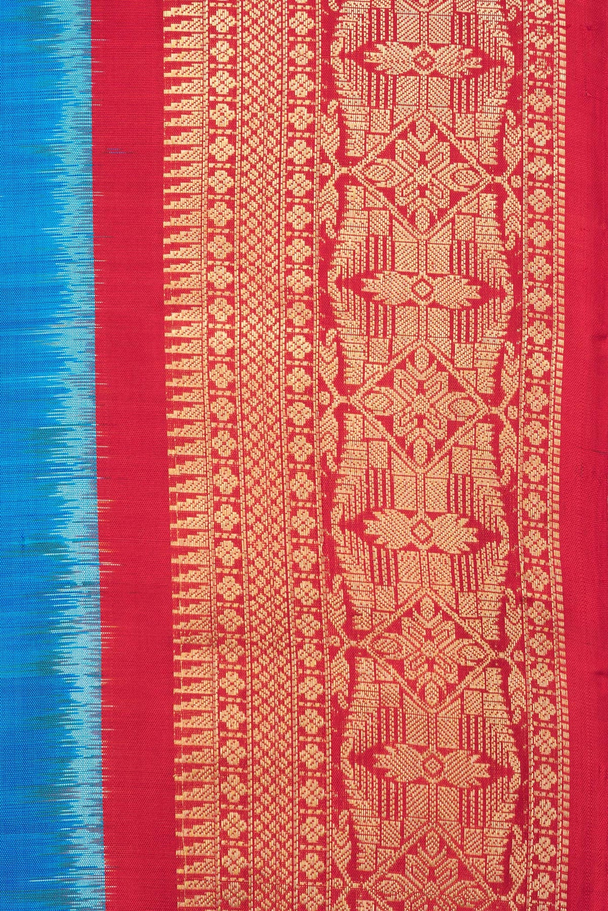 Border image of Pure Silk Peacock Blue Dual Tone Soft Saree with Ikat Print on the body and Zari Border. 