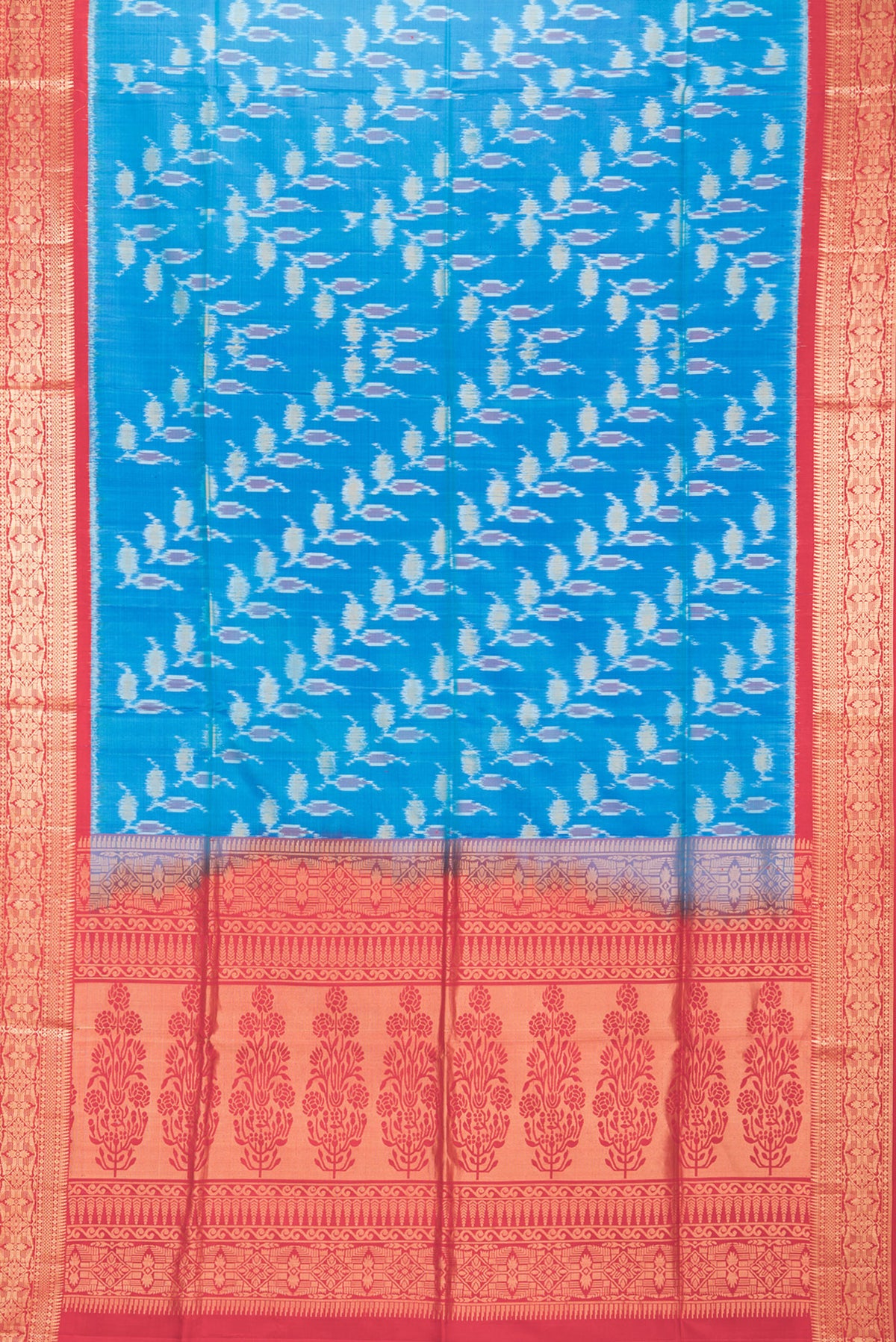 Flat view of Pure Silk Peacock Blue Dual Tone Soft Saree with Ikat Print on the body and Zari Border. 