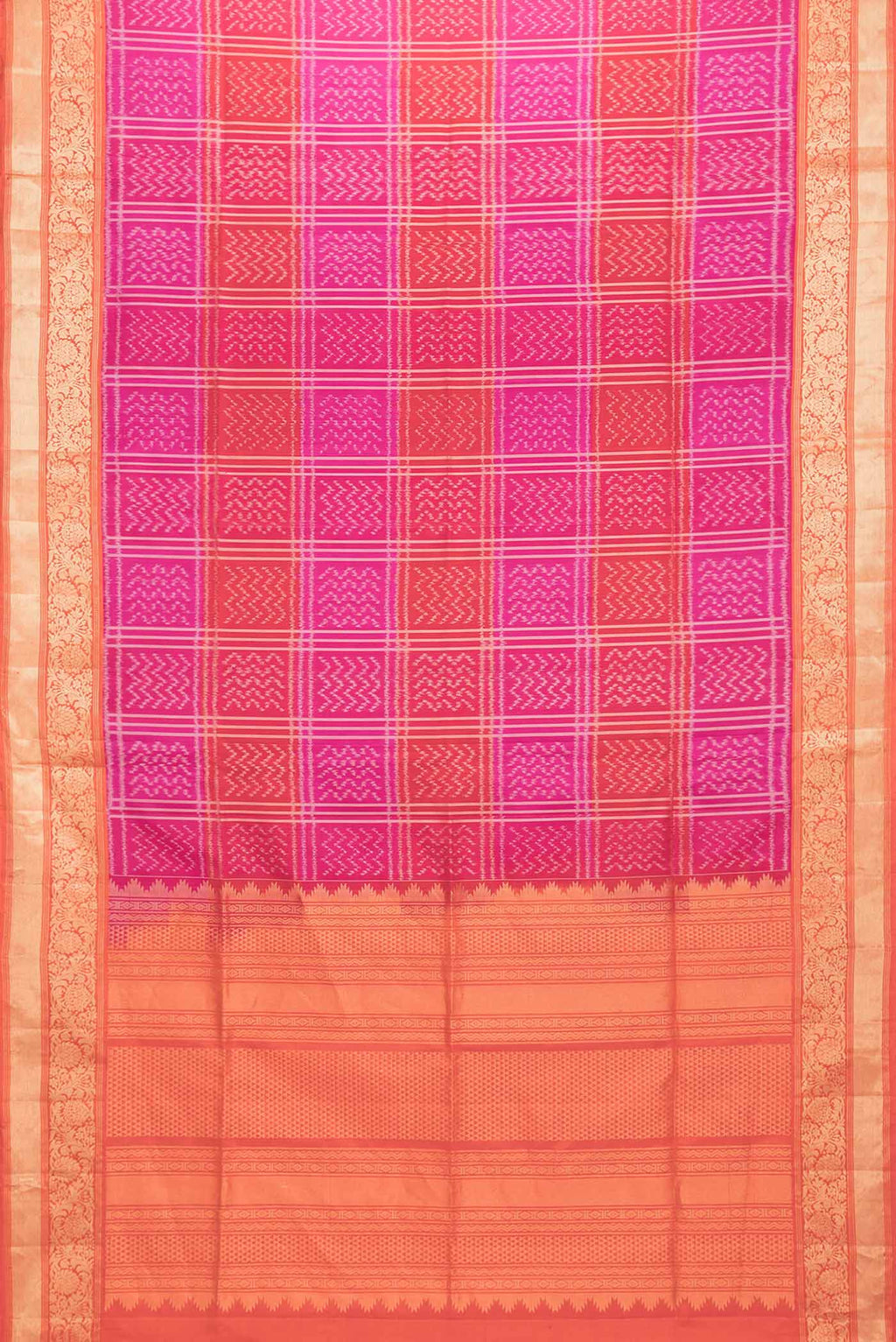 Flat view of Pink Dual Tone Soft Silk Saree with Ikat Print on the body and Zari Border. 
