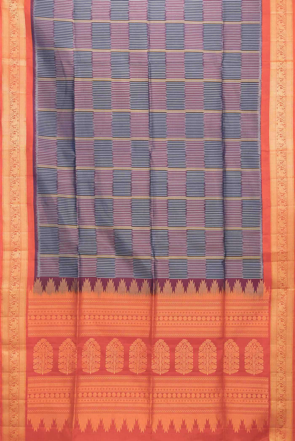 Flat view of Navy Blue and Maroon Color Soft Silk Saree with Checked design on the body and Zari Border. 