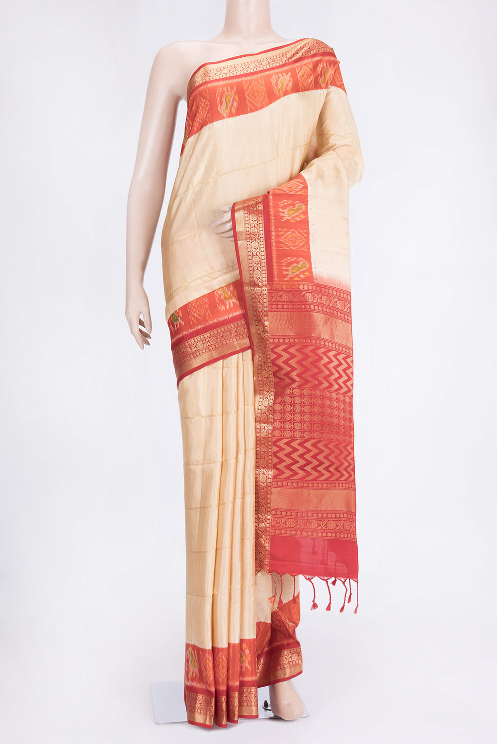 Beige Dual Tone Soft Silk Saree with Checked design on the body and Fancy Border.  displayed on a mannequin