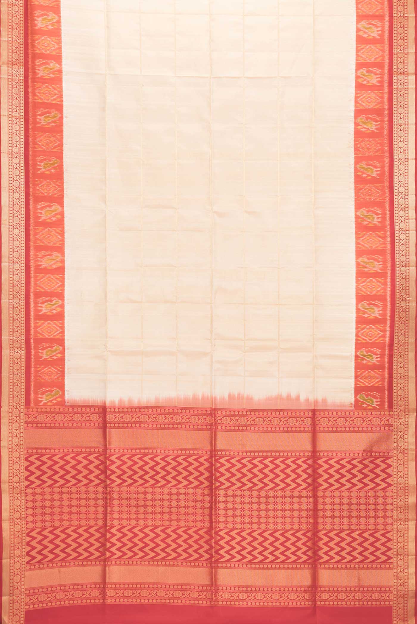 Flat view of Beige Dual Tone Soft Silk Saree with Checked design on the body and Fancy Border. 