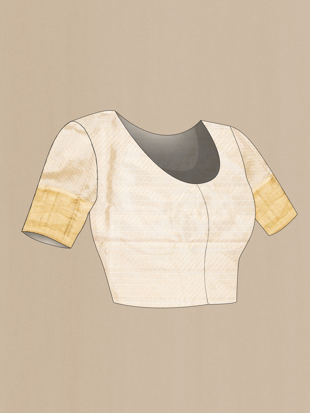 Close up image of the blouse of Silver Dual Tone Kanjivaram Tissue Silk Saree with Zari Brocade on the body and Zari Border. 