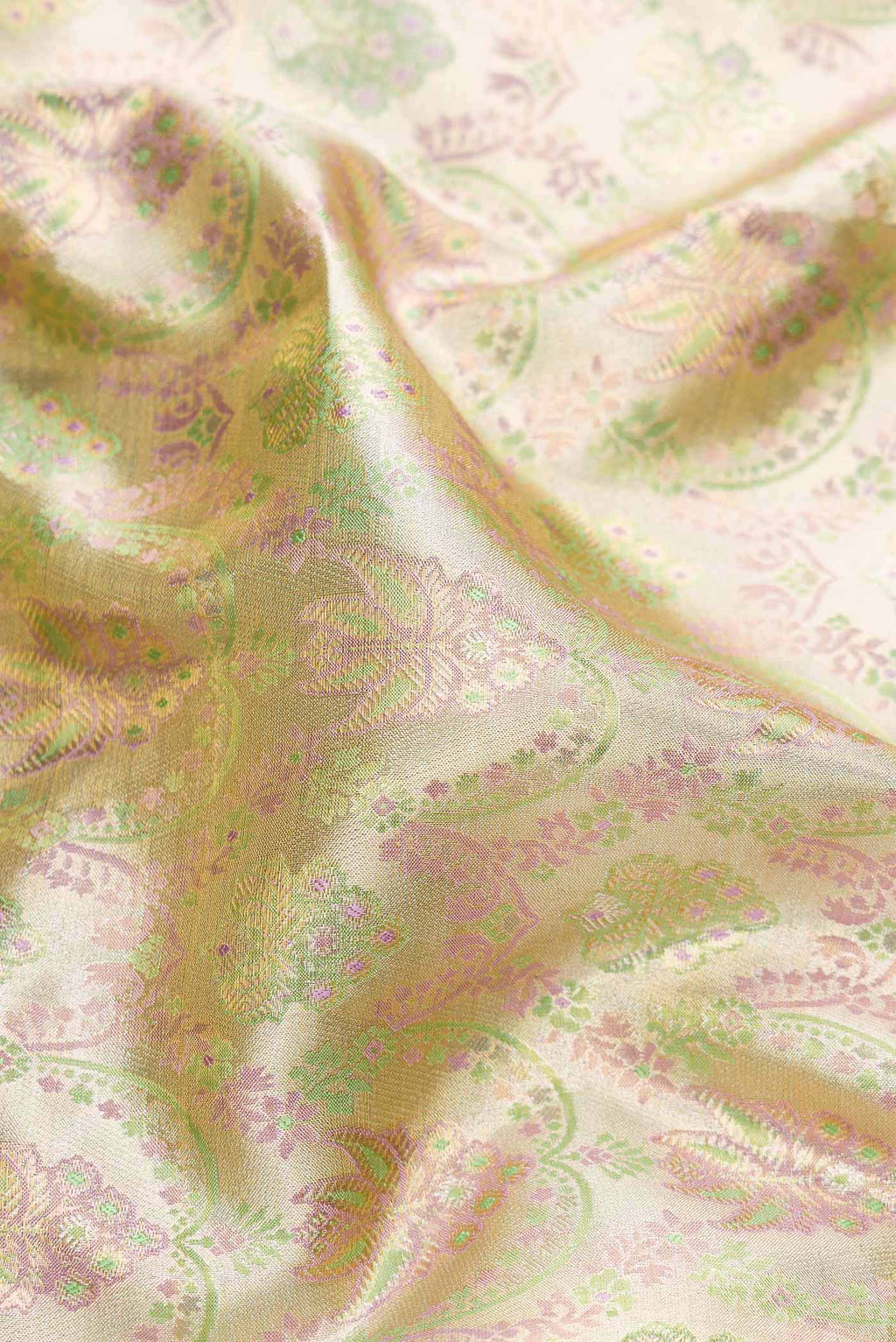 Close up of Silver Dual Tone Kanjivaram Tissue Silk Saree with Zari Brocade on the body and Zari Border.  displaying folds