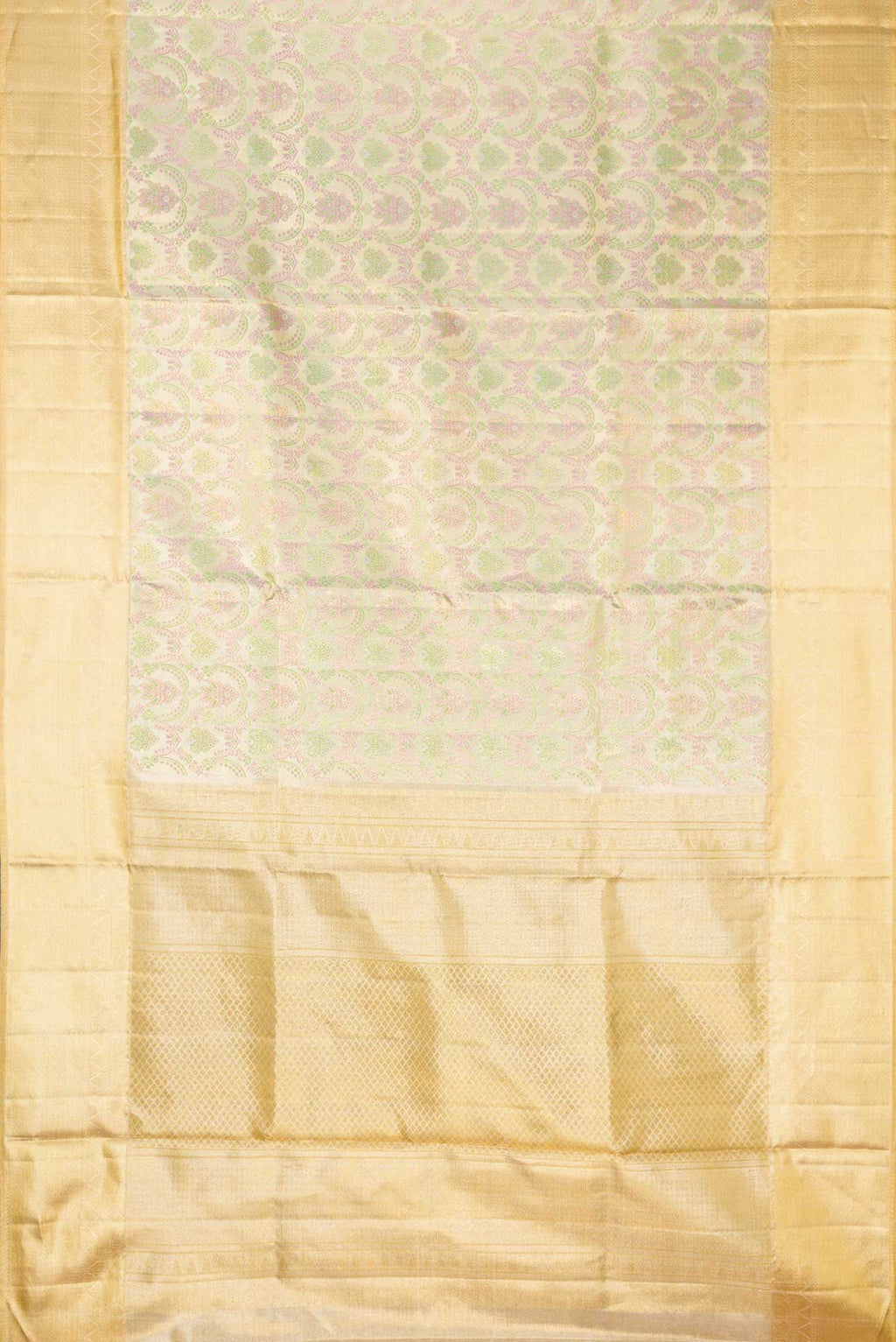 Flat view of Silver Dual Tone Kanjivaram Tissue Silk Saree with Zari Brocade on the body and Zari Border. 