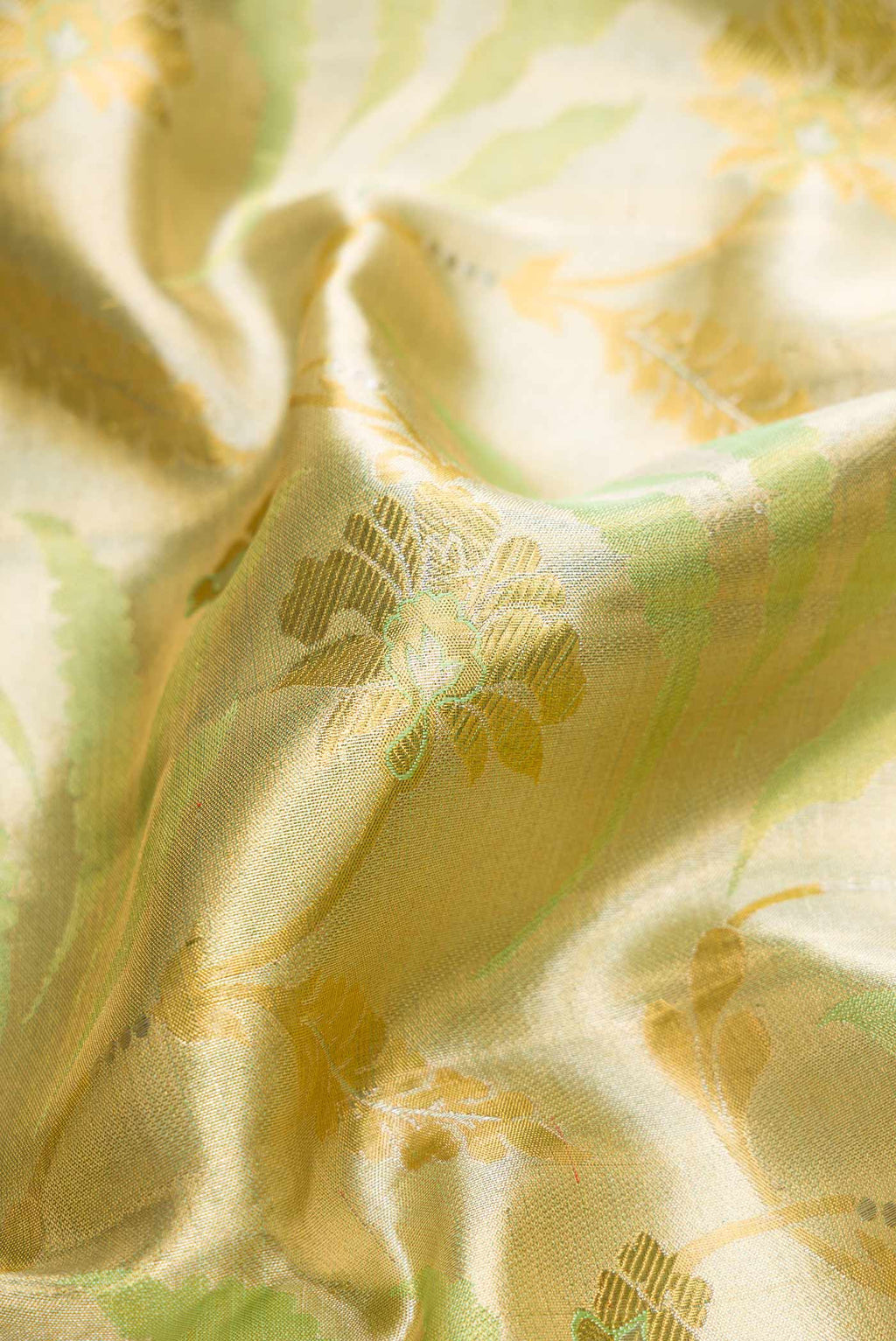 Close up of Pista Green Dual Tone Kanjivaram Tissue Silk Saree with Zari Brocade on the body and Zari Border.  displaying folds