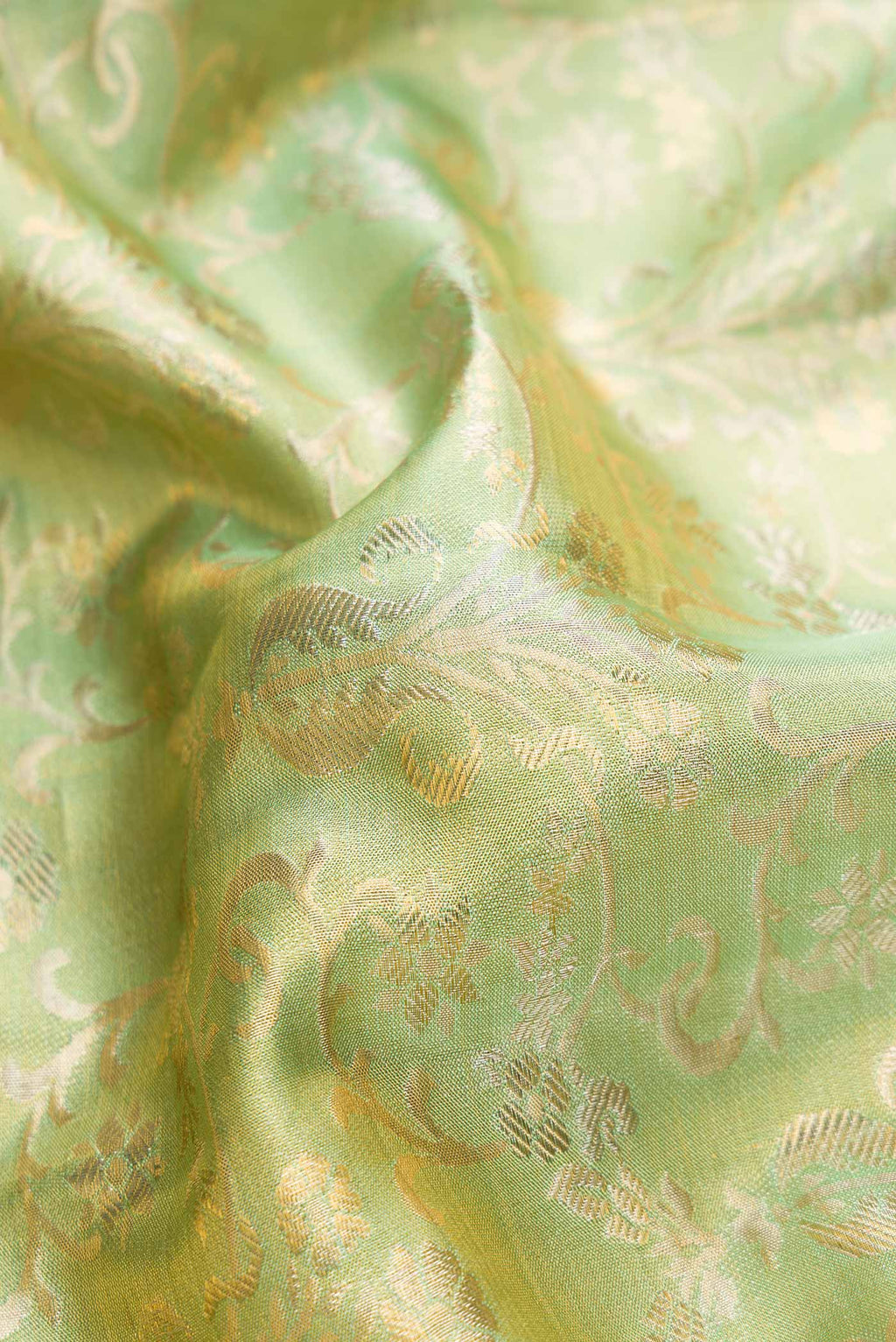 Close up of Sea Green Dual Tone Kanjivaram Tissue Silk Saree with Zari Brocade on the body and Zari Border.  displaying folds