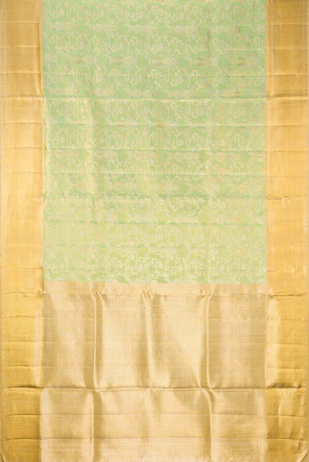 Flat view of Sea Green Dual Tone Kanjivaram Tissue Silk Saree with Zari Brocade on the body and Zari Border. 