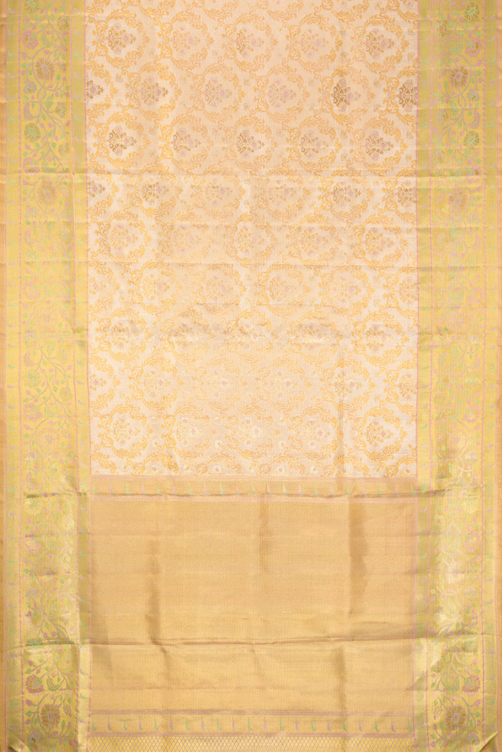 Flat view of Gold Dual Tone Kanjivaram Tissue Silk Saree with Zari Brocade on the body and Fancy Border. 