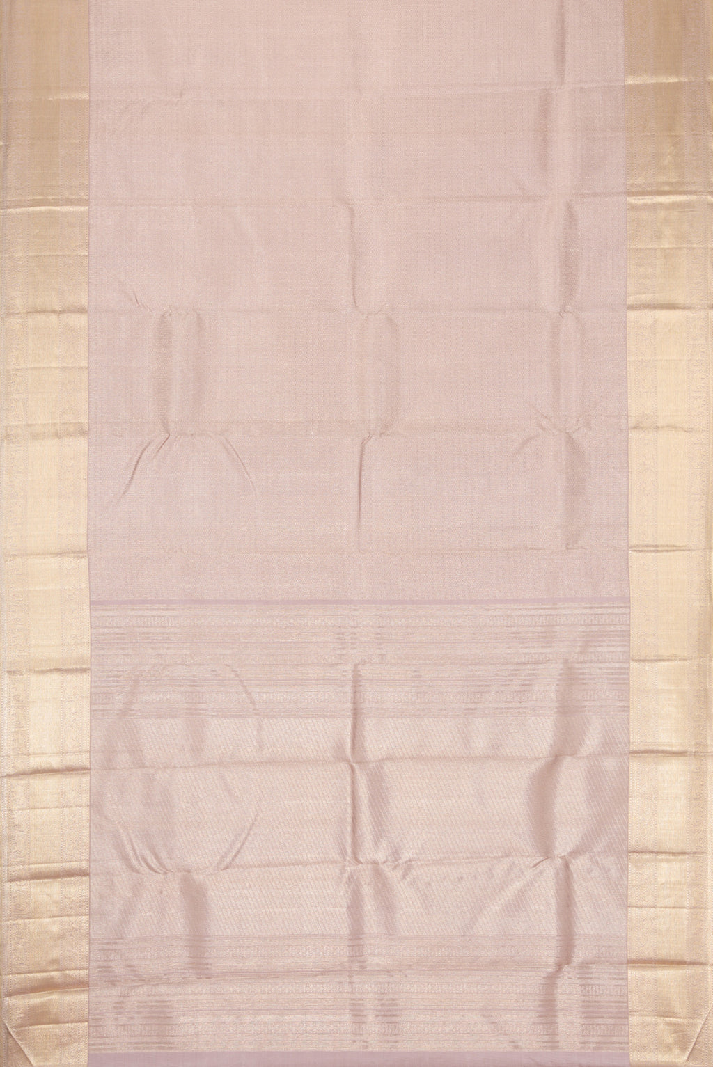 Flat view of Pure Silk Pure Zari Lilac Dual Tone Kanchipuram Saree with Zari Brocade on the body and Zari Border. 
