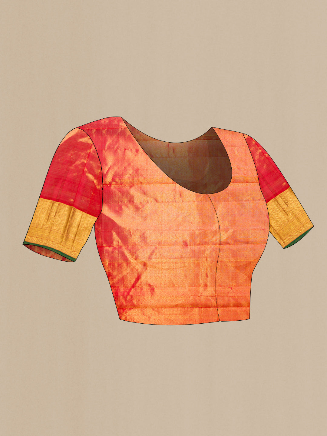 Close up image of the blouse of Maroon Dual Tone Kanjivaram Tissue Silk Saree with Zari Brocade on the body and Zari Border. 