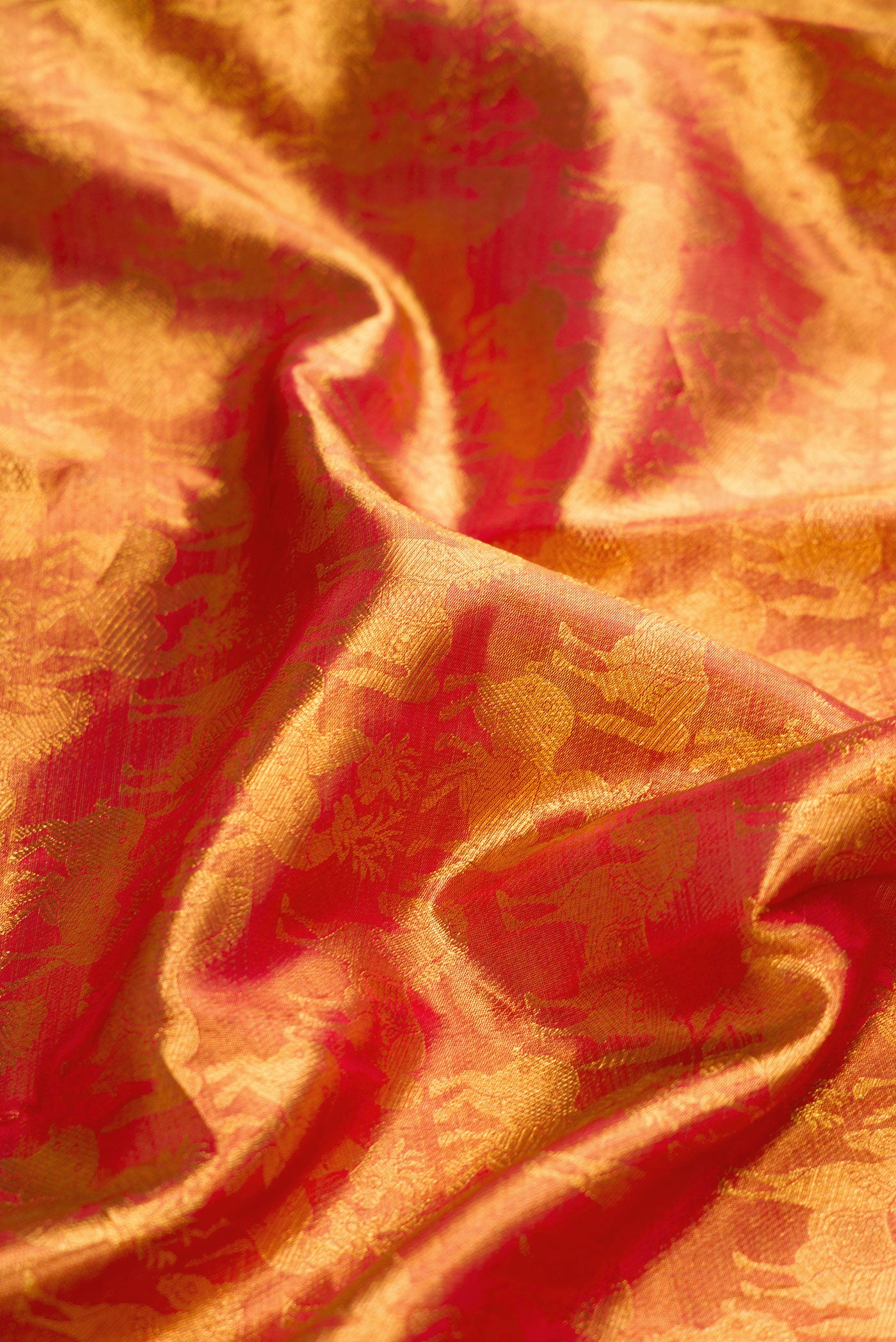 Close up of Maroon Dual Tone Kanjivaram Tissue Silk Saree with Zari Brocade on the body and Zari Border.  displaying folds