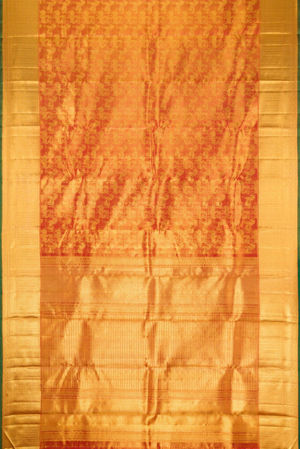 Flat view of Maroon Dual Tone Kanjivaram Tissue Silk Saree with Zari Brocade on the body and Zari Border. 
