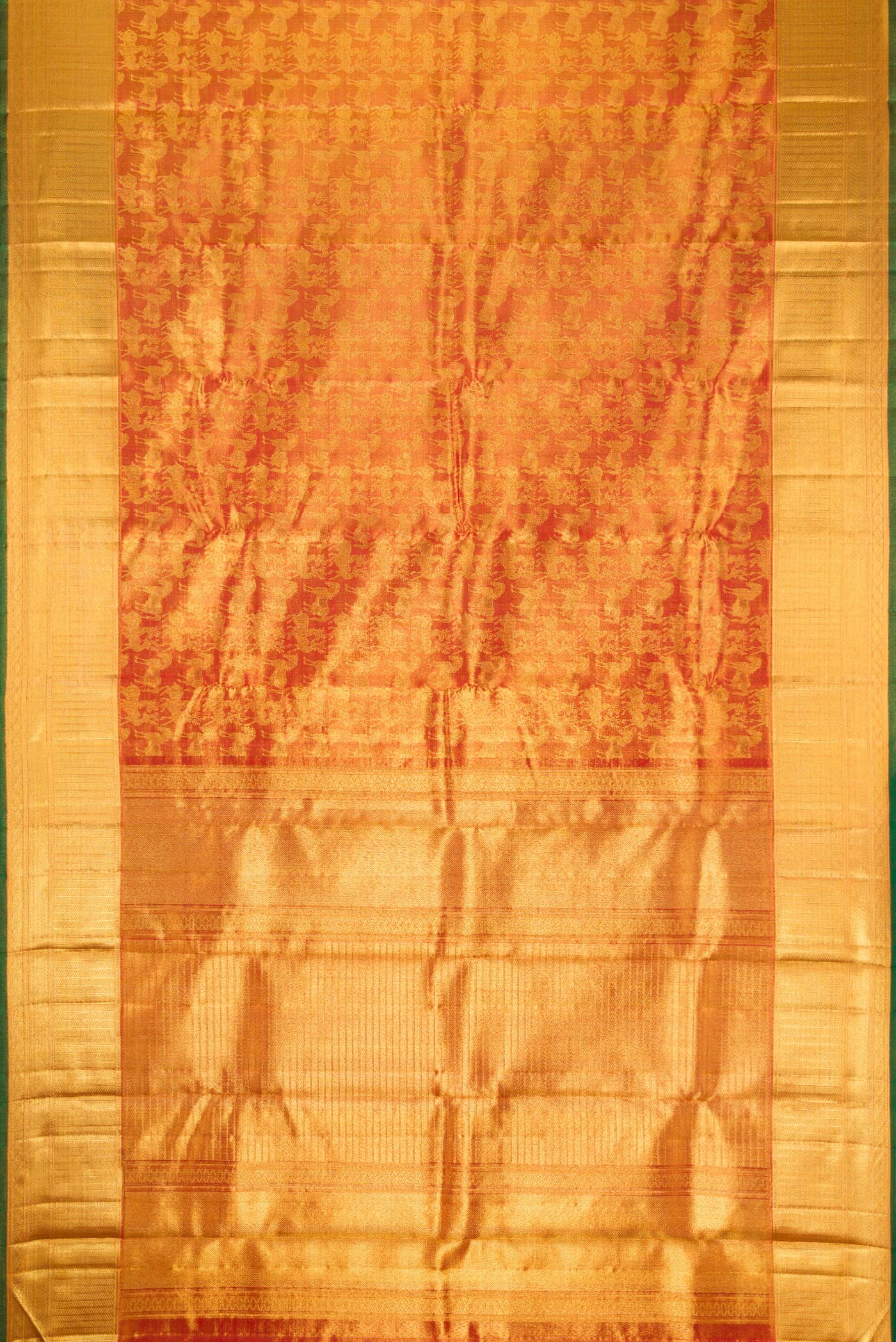 Flat view of Maroon Dual Tone Kanjivaram Tissue Silk Saree with Zari Brocade on the body and Zari Border. 