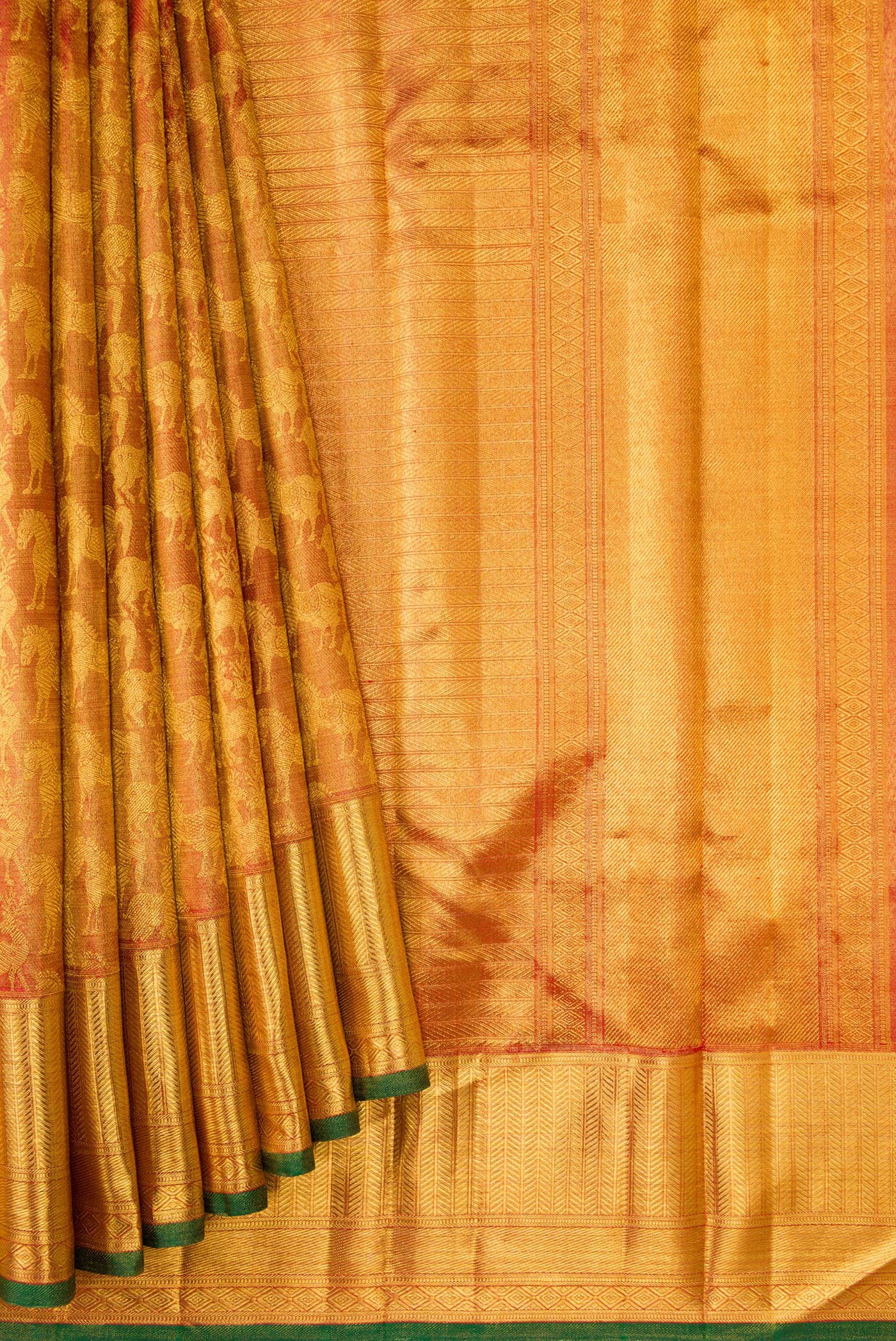 Pleats and pallu of Maroon Dual Tone Kanjivaram Tissue Silk Saree with Zari Brocade on the body and Zari Border. 