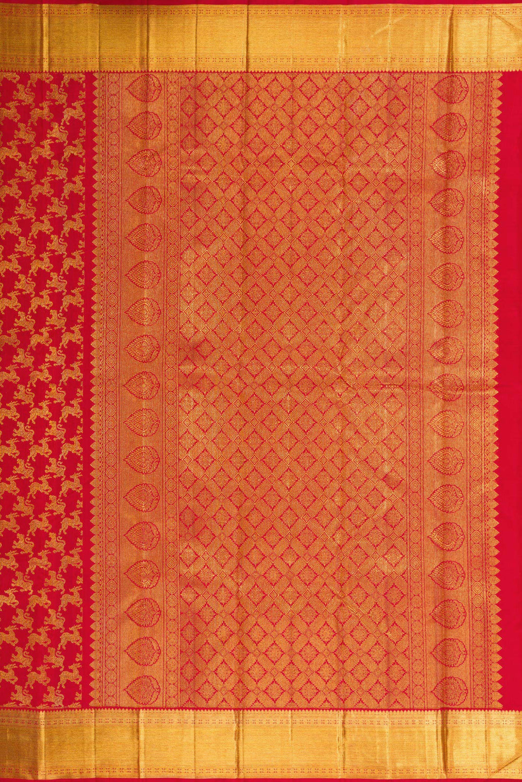 Close up image of the pallu of Red Dual Tone Kanchipuram Silk Saree with Zari Brocade on the body and Zari Border. 