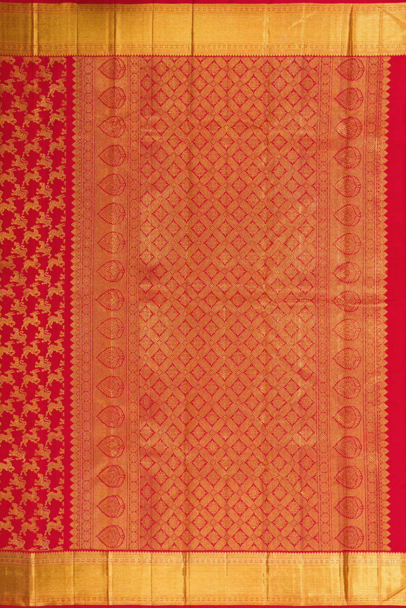 Close up image of the pallu of Red Dual Tone Kanchipuram Silk Saree with Zari Brocade on the body and Zari Border. 