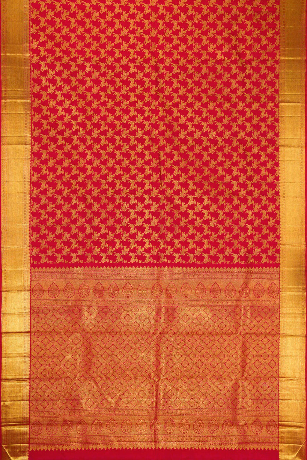Flat view of Red Dual Tone Kanchipuram Silk Saree with Zari Brocade on the body and Zari Border. 