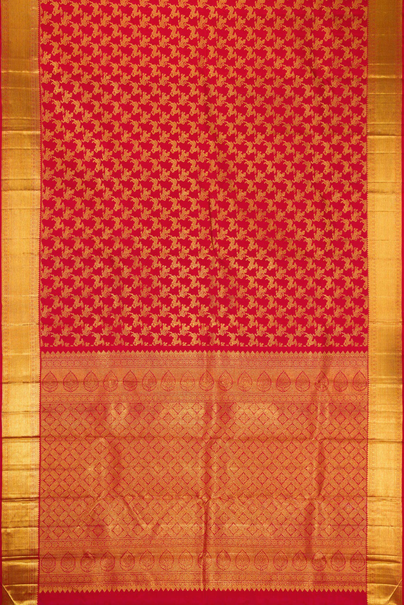 Flat view of Red Dual Tone Kanchipuram Silk Saree with Zari Brocade on the body and Zari Border. 