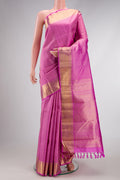 Lavender Dual Tone Kanchipuram Silk Saree with Zari Brocade on the body and Zari Border.  displayed on a mannequin