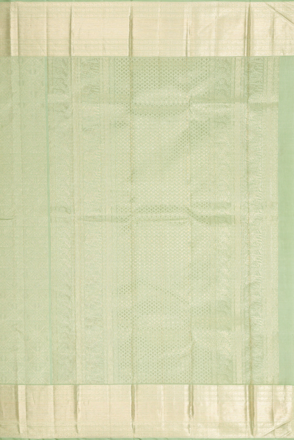 Close up image of the pallu of Light Green Dual Tone Kanchipuram Silk Saree with Zari Brocade on the body and Zari Border. 