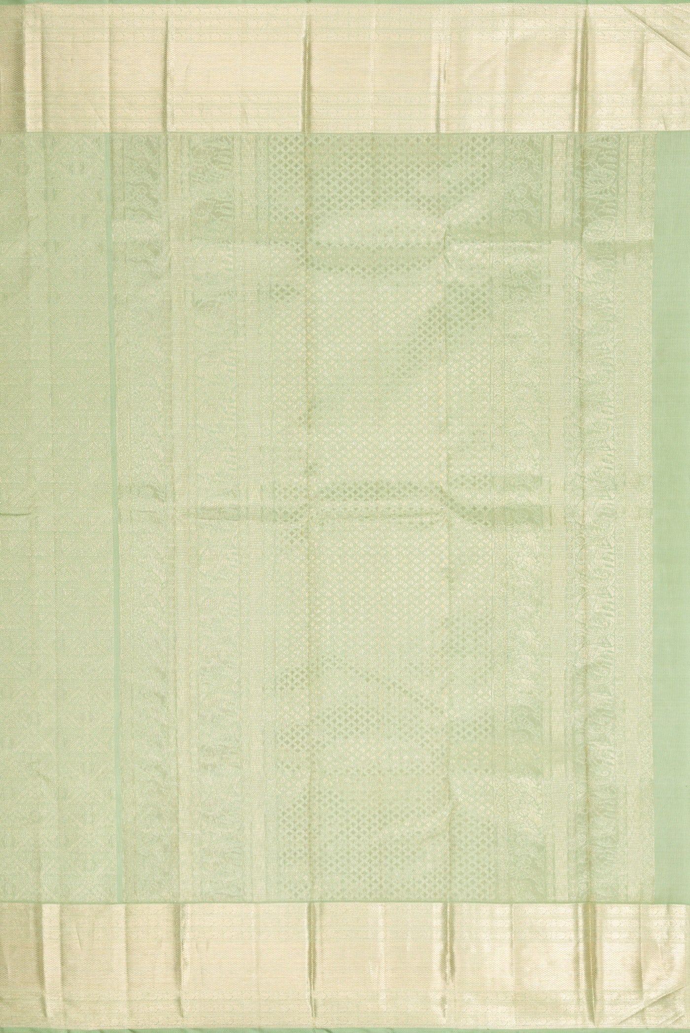 Close up image of the pallu of Light Green Dual Tone Kanchipuram Silk Saree with Zari Brocade on the body and Zari Border. 