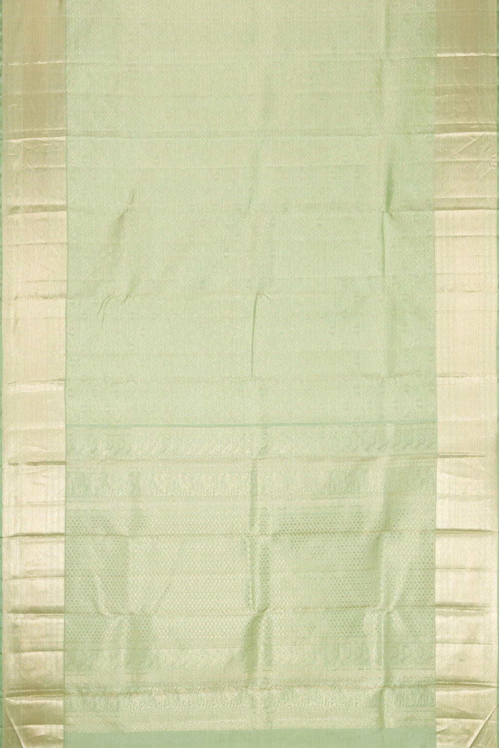 Flat view of Light Green Dual Tone Kanchipuram Silk Saree with Zari Brocade on the body and Zari Border. 