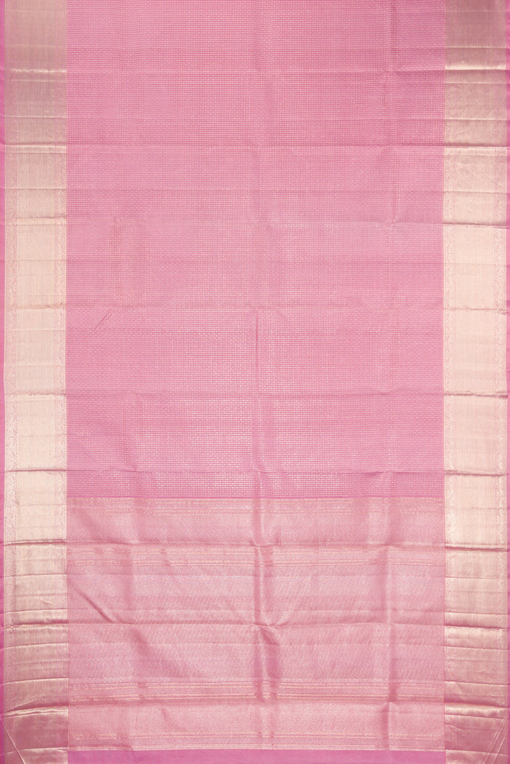 Flat view of Pink Kanchipuram Silk Saree with Zari Brocade on the body and Zari Border. 