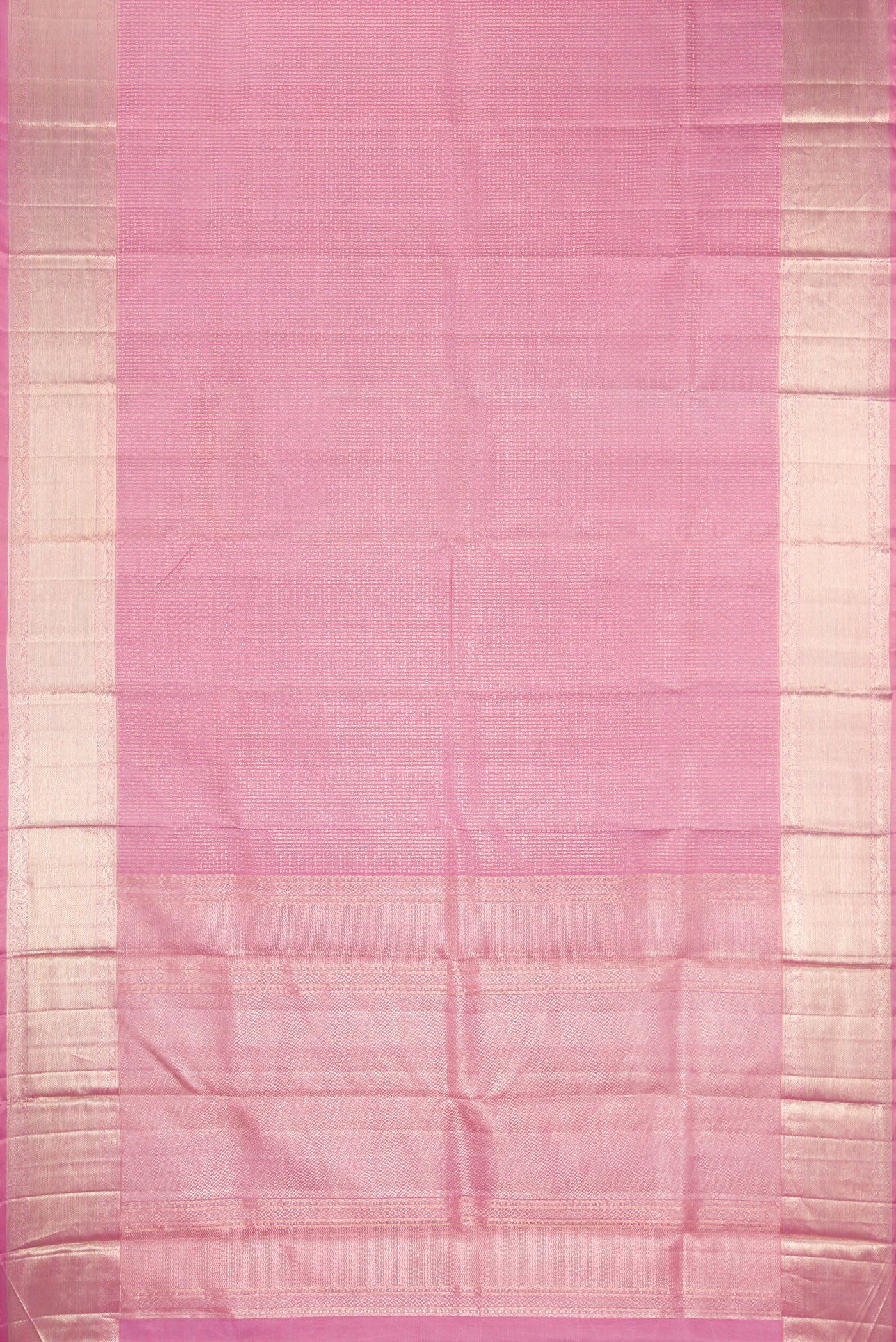 Flat view of Pink Kanchipuram Silk Saree with Zari Brocade on the body and Zari Border. 