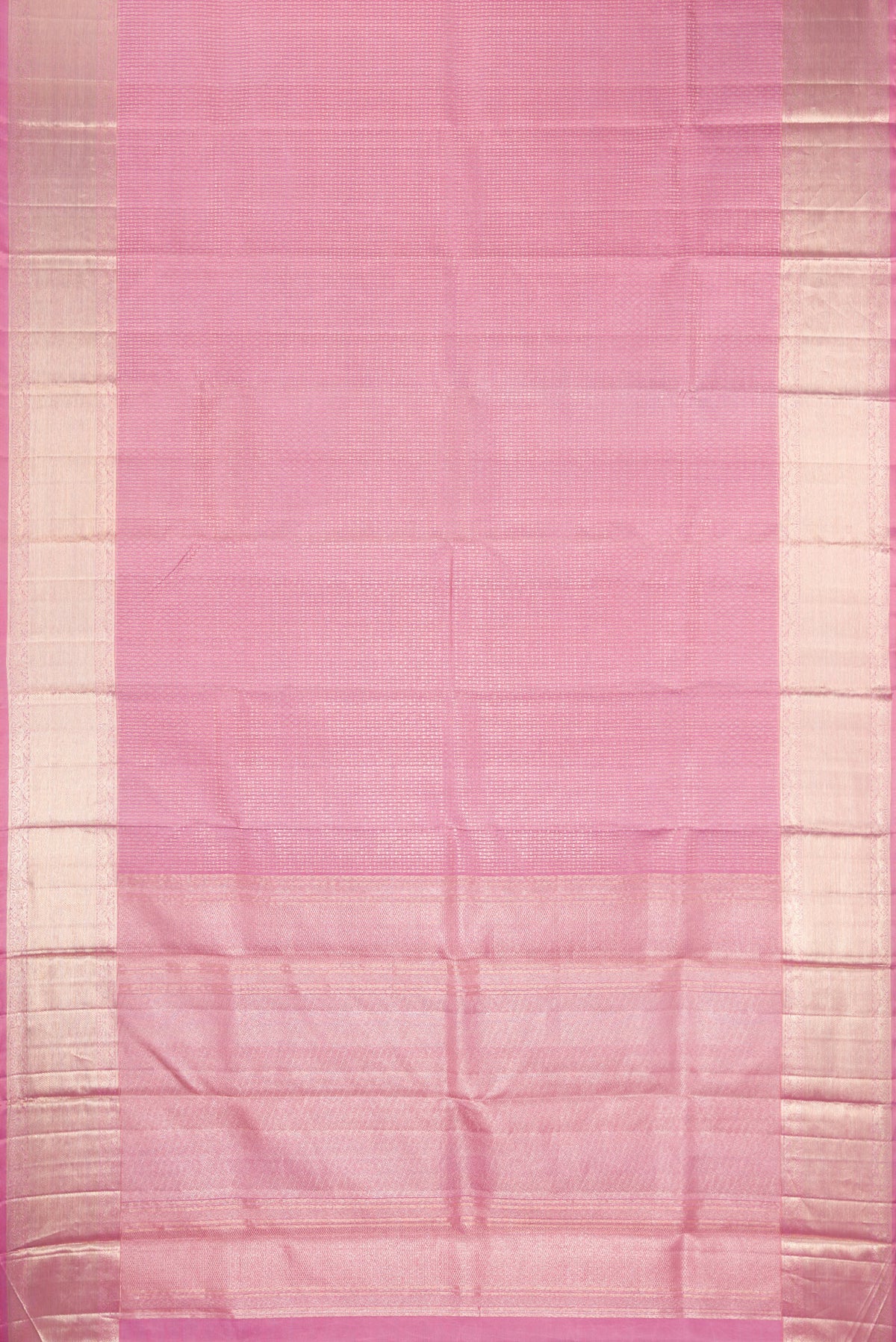 Flat view of Pink Kanchipuram Silk Saree with Zari Brocade on the body and Zari Border. 