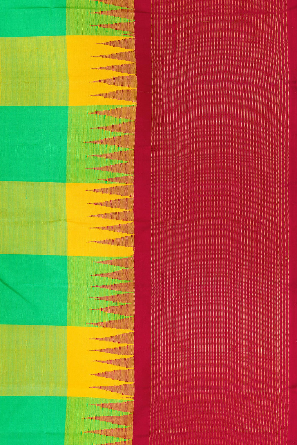 Border image of Yellow and Green Color Kanjivaram Silk Saree with Checked design on the body and Temple Border. 