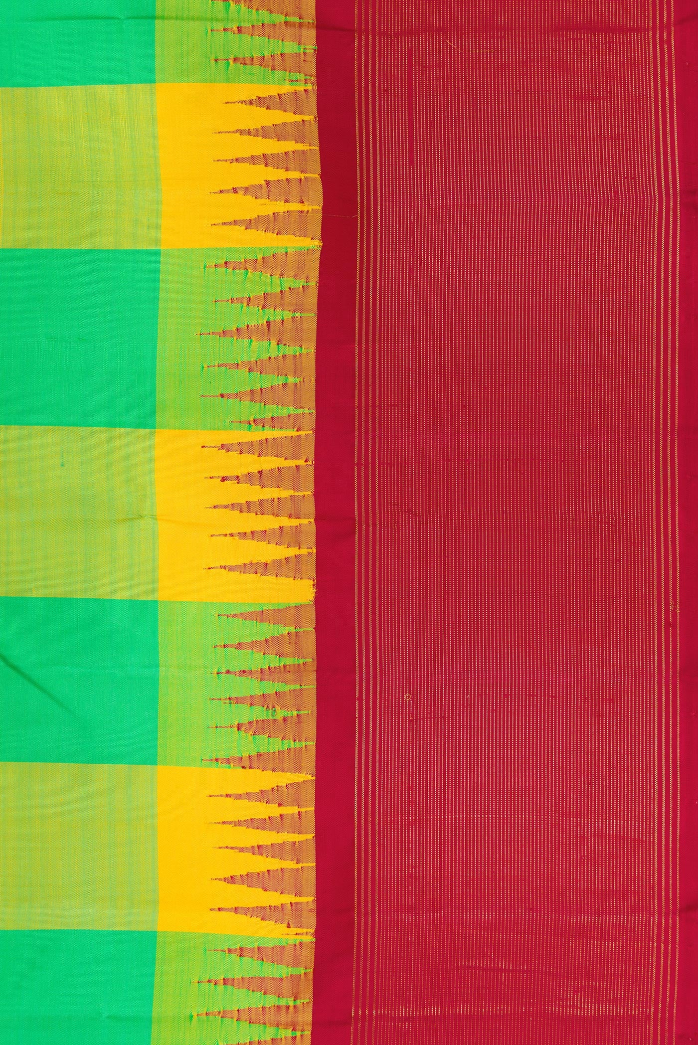 Border image of Yellow and Green Color Kanjivaram Silk Saree with Checked design on the body and Temple Border. 