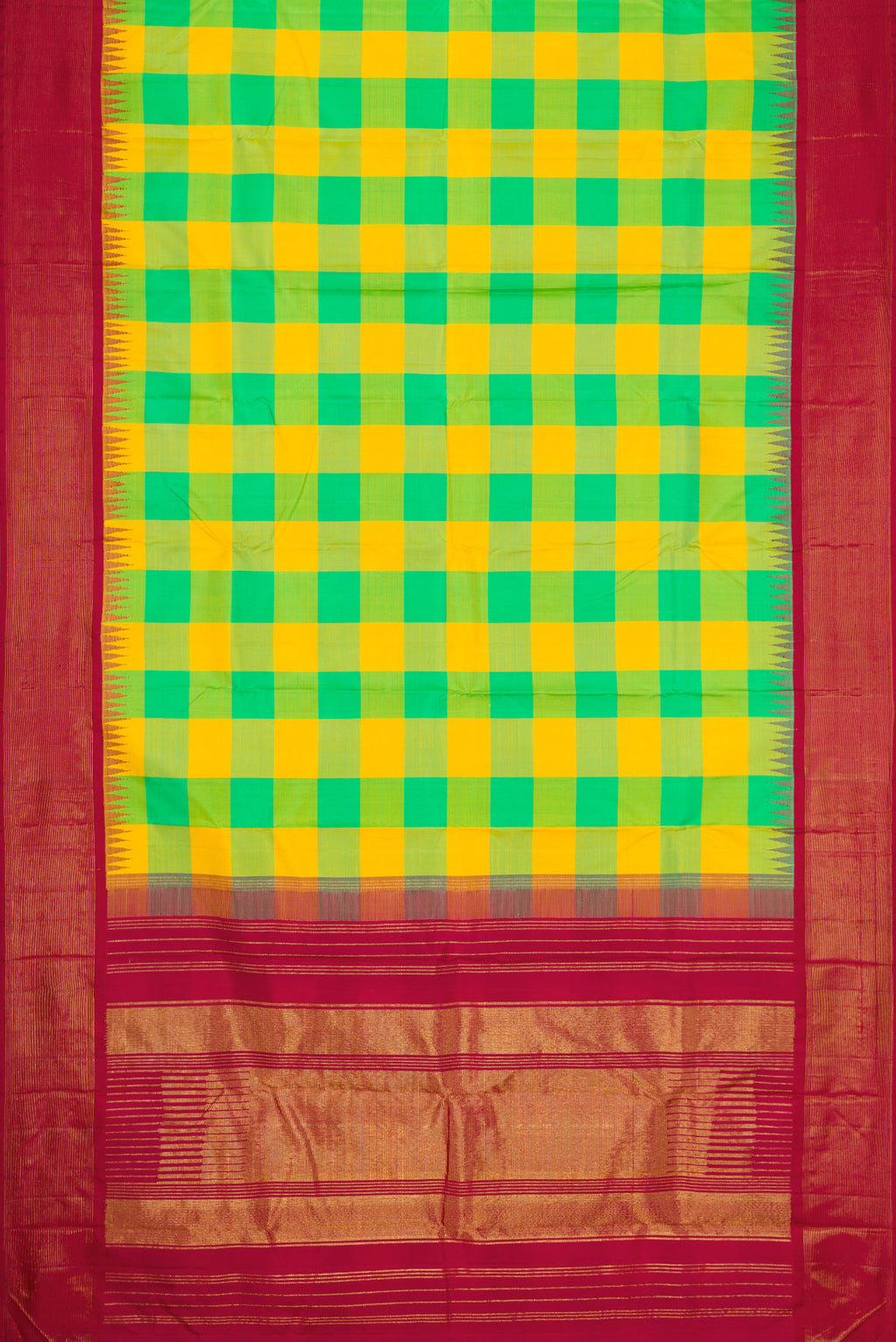 Flat view of Yellow and Green Color Kanjivaram Silk Saree with Checked design on the body and Temple Border. 