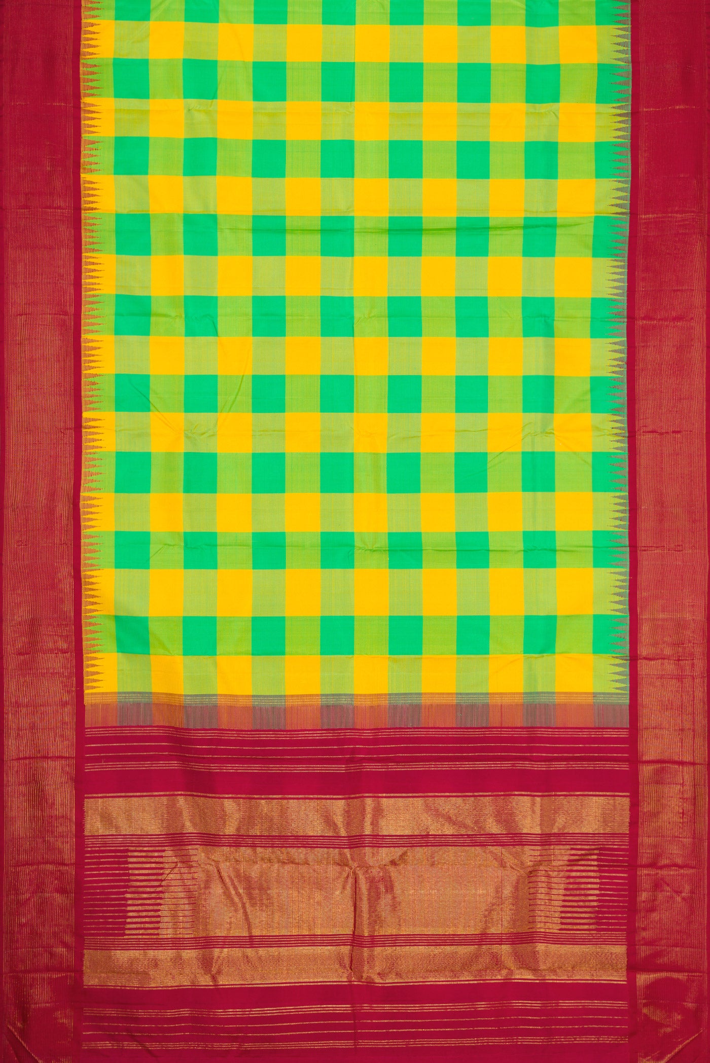 Flat view of Yellow and Green Color Kanjivaram Silk Saree with Checked design on the body and Temple Border. 