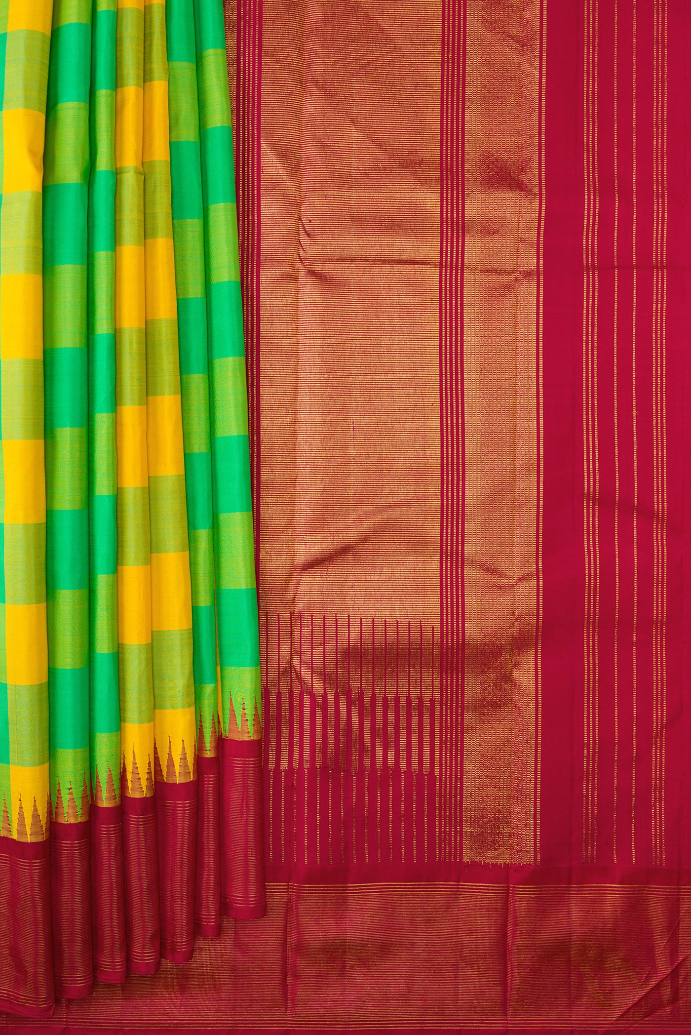 Pleats and pallu of Yellow and Green Color Kanjivaram Silk Saree with Checked design on the body and Temple Border. 