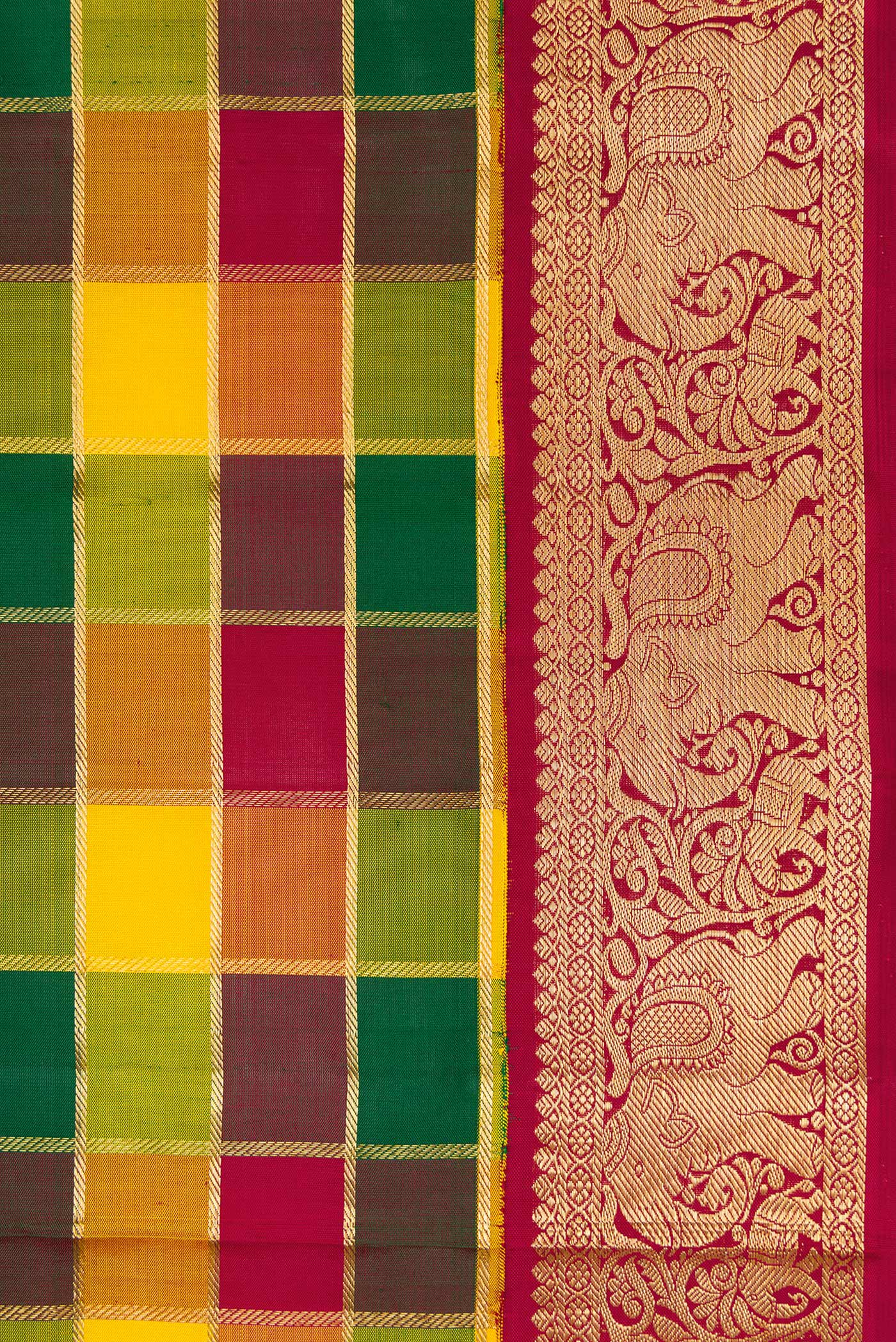 Border image of Pure Silk Pure Zari Maroon, Green and Yellow Color Kanchipuram Saree with Checked design on the body and Zari Border. 