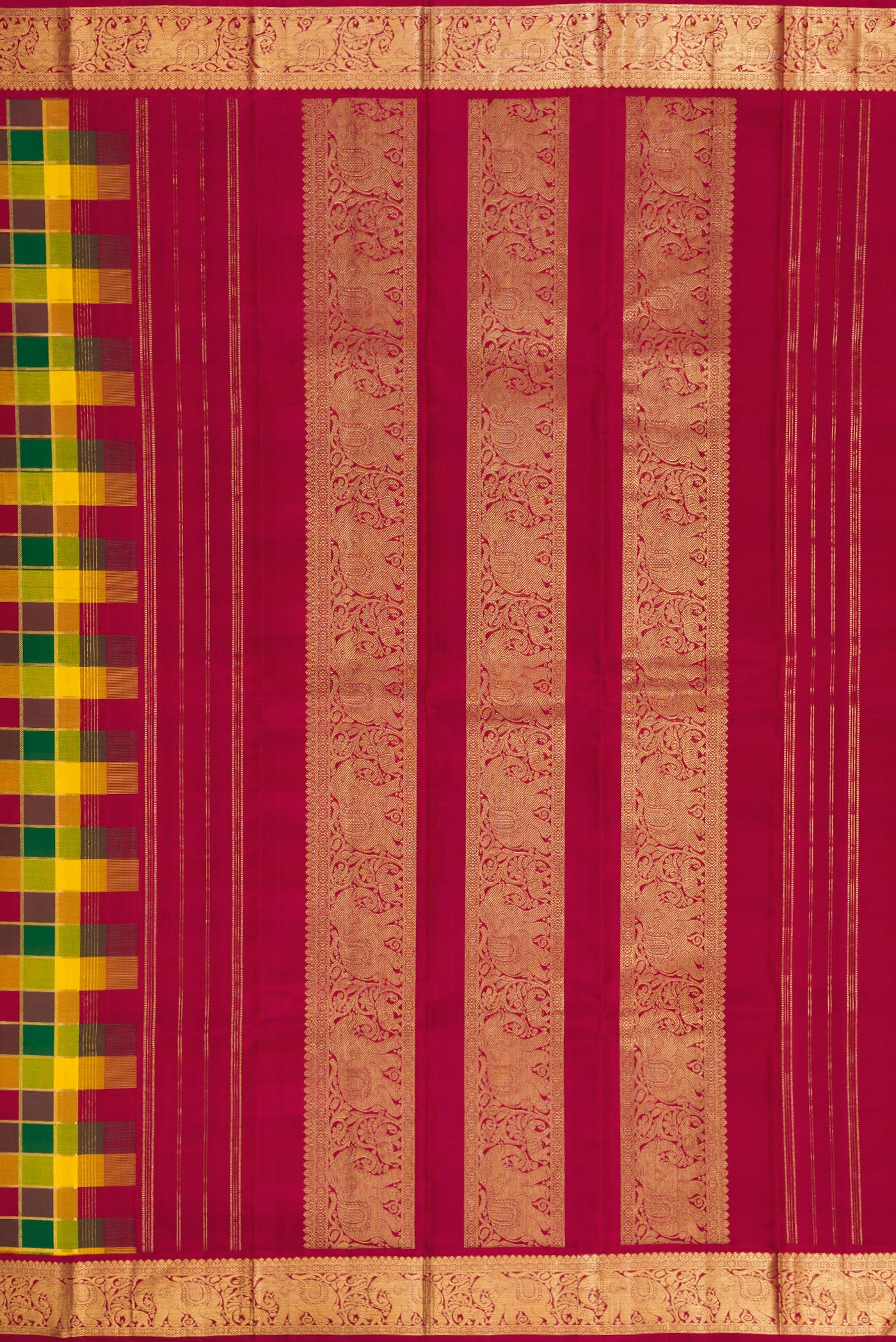 Close up image of the pallu of Pure Silk Pure Zari Maroon, Green and Yellow Color Kanchipuram Saree with Checked design on the body and Zari Border. 