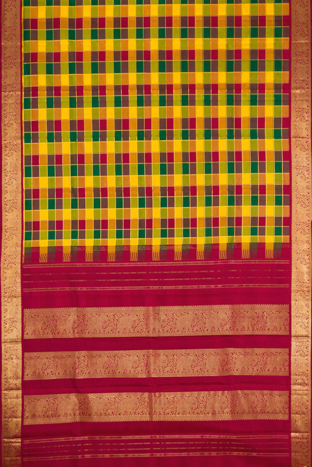 Flat view of Pure Silk Pure Zari Maroon, Green and Yellow Color Kanchipuram Saree with Checked design on the body and Zari Border. 